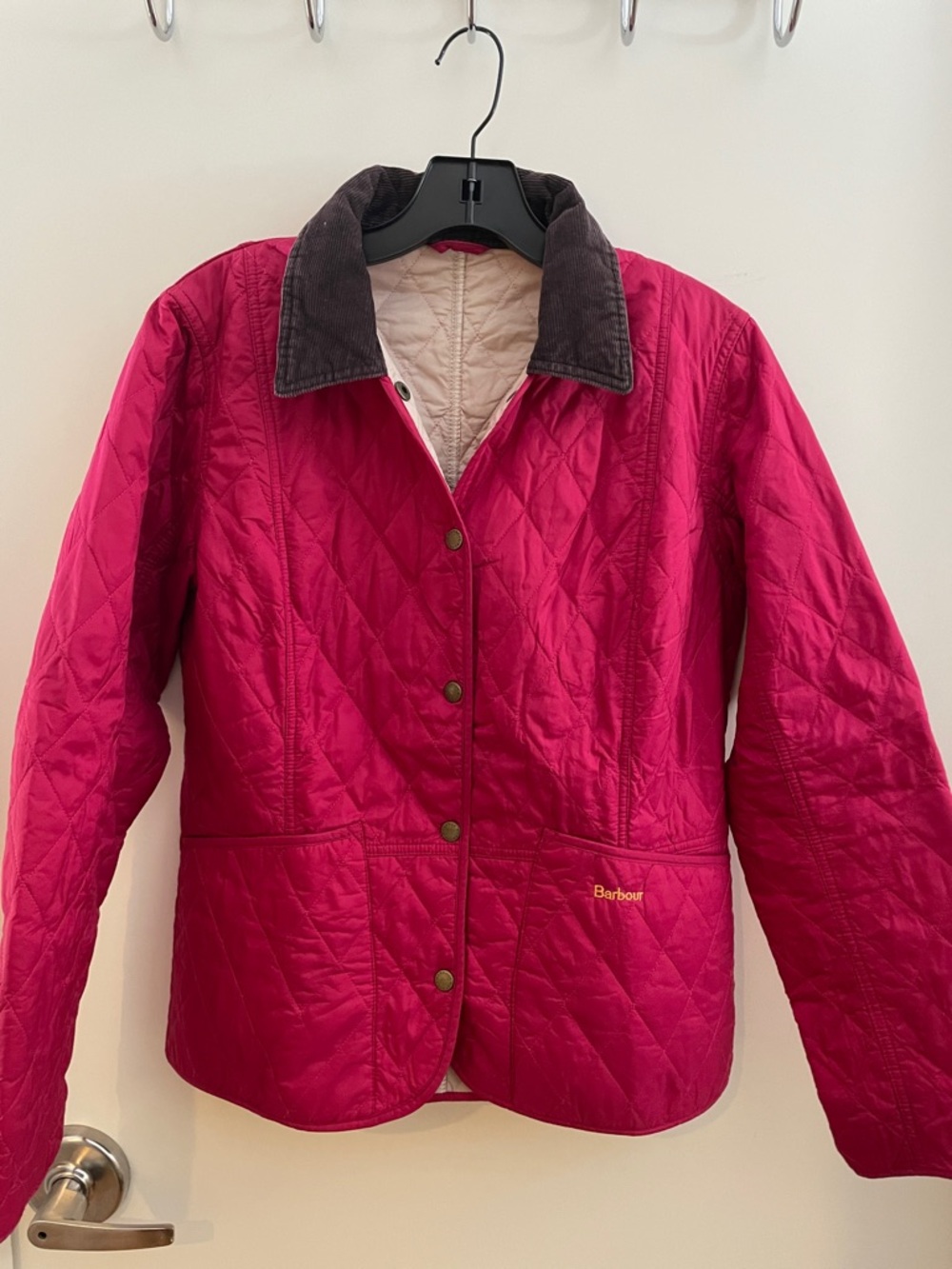 Barbour Quilted Raspberry Jacket with Dark Corduroy Collar EUC
